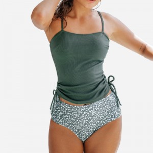 Rib Ruched DrawString Top&Ditsy Floral High Waist Tankini Set