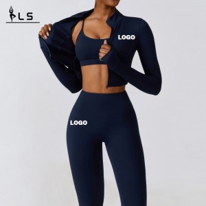 SC9281 3 Pieces Jacket Sport Bra Leggings Yoga Suit Black Fitness Leggings Gym Wear Women Sets Gym Clothing Zip Top Active Wear