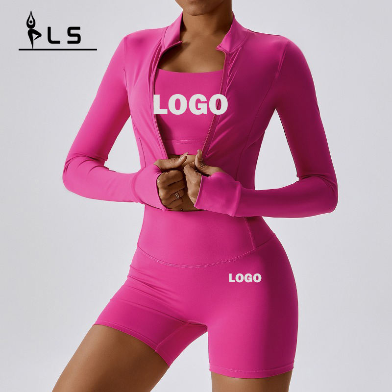 SC9273 Zipper Langærmet SEAMLESS YOGA SETS ELASTISKE 3 PITES SHORTS BRA SET GYM OUTFIT 3 stykker yoga slid til kvinder