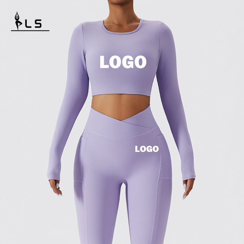 SC1062 Langærmet Kvinder Yoga Set Ribbed Seamless Pant Running Puit Women Fitness Clothing Yoga Set