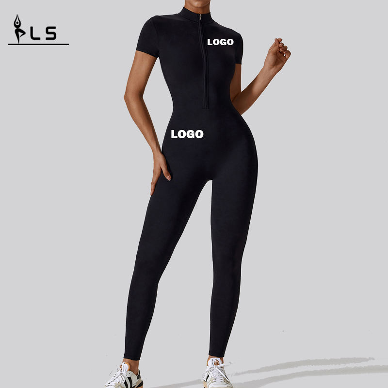 SC1075 One Piece Workout Yoga Jumpsuits Solid kortærmet halv lynlås Gym Romper Bodysuit