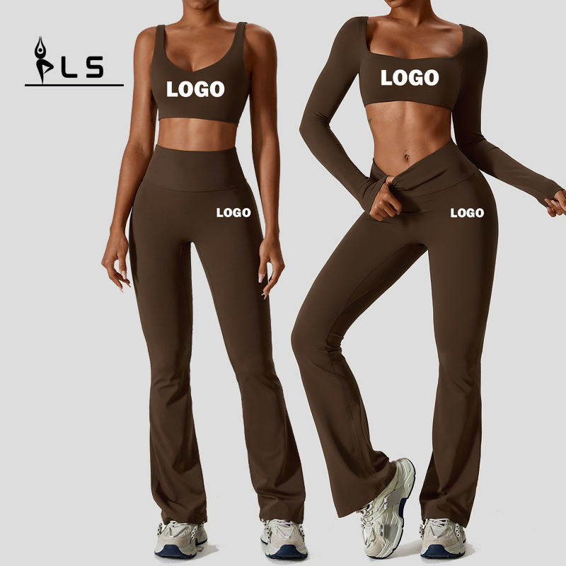 SC9272 Yoga sæt fitness Kvinder 2023 Langærmet Sport Bra Gym Sport Bukser To stykker Flare Leggings Wear Set