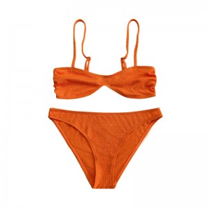 Orange Ruffled Fabric Pull-Out Halter Back Buckle Split Swimsuit