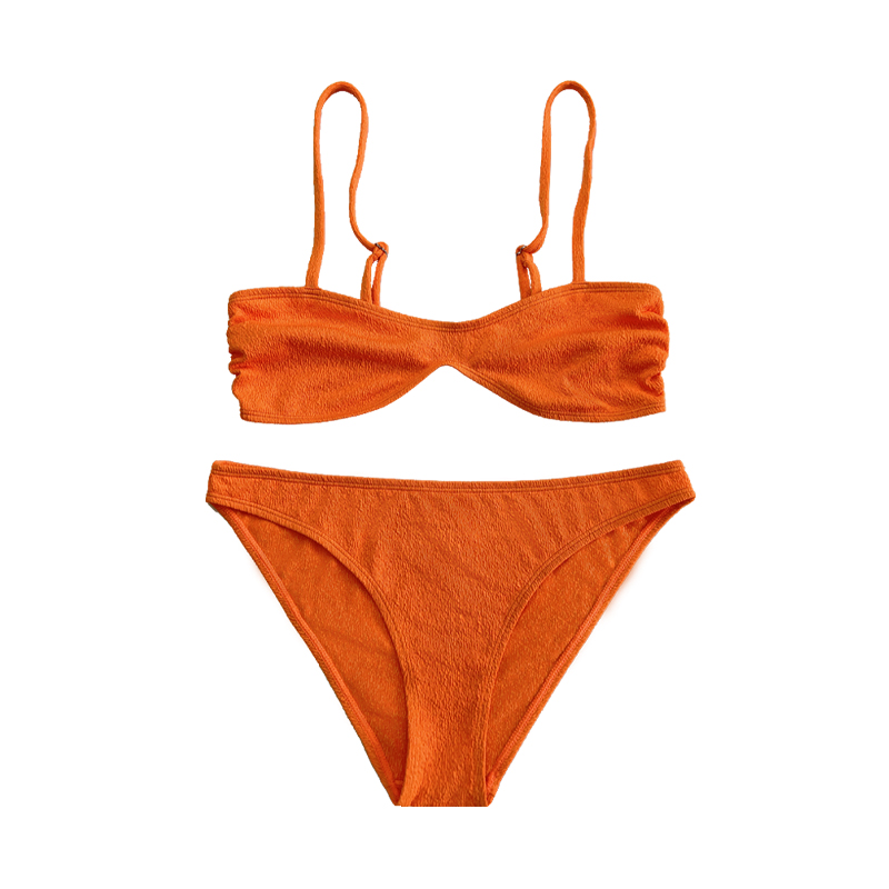 Orange Ruffled Fabric Pull-Out Halter Back Buckle Split Swimsuit