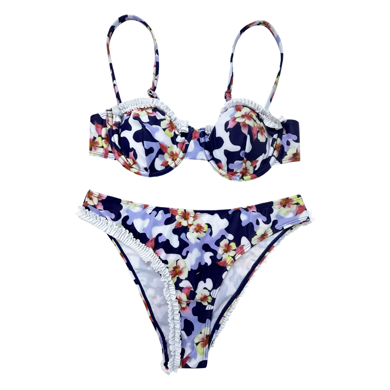 Blomster Ruffled uregelmæssig bikini satte todelt badedragt